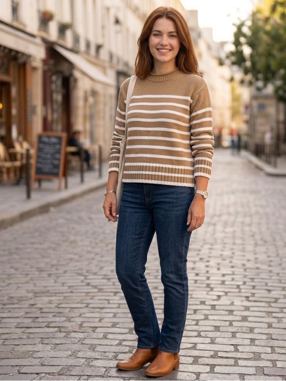 J. Crew Tan and White Striped Crewneck Sweater